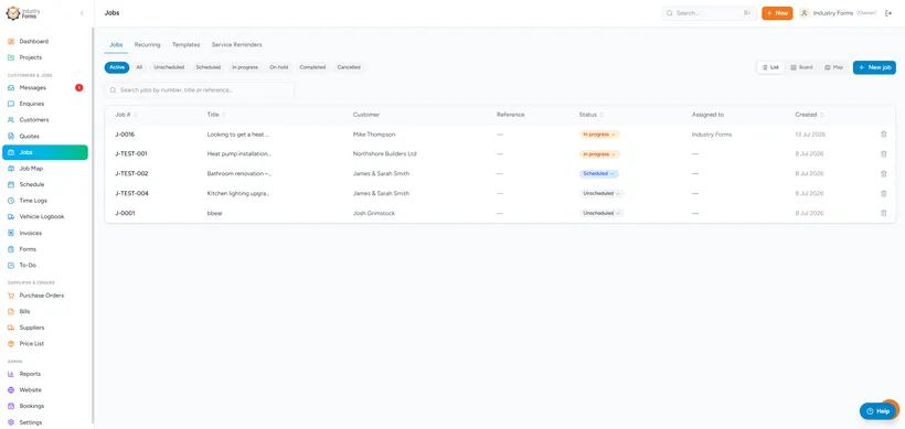 Industry Forms jobs list showing job status, assignee, and site address